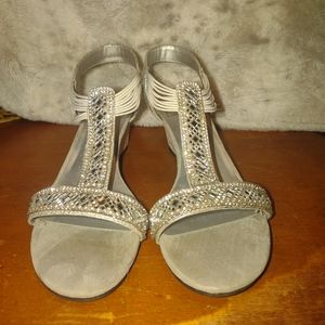 Crystal and sequin silver leather with strappy wedge heels